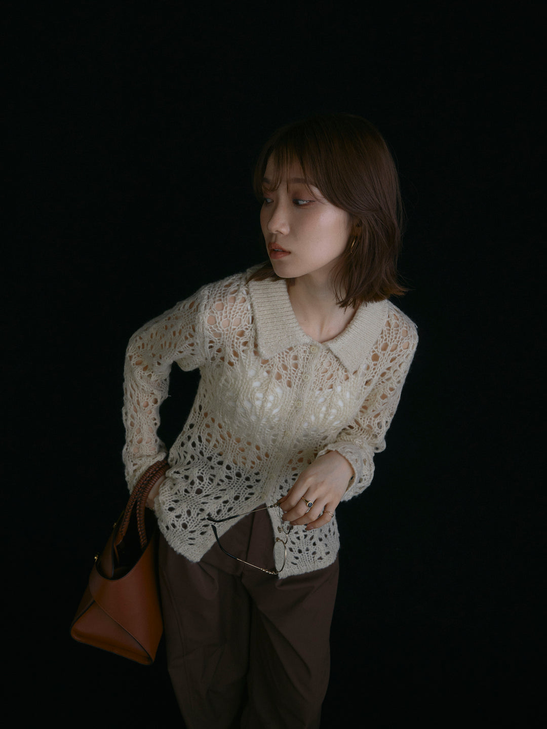 【Allure】[SET]ローゲージ透かし編みポロニッカーディガン+ローゲージ透かし編みポロニッカーディガン(2set)