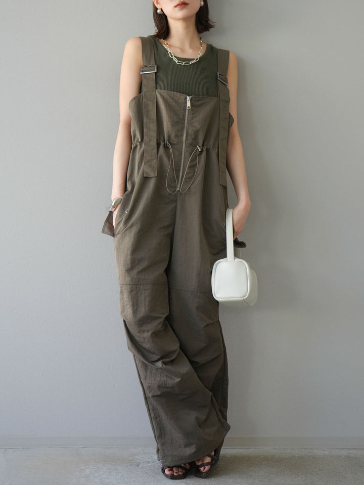 [予約]ナイロンタックデザインサロペット/カーキ