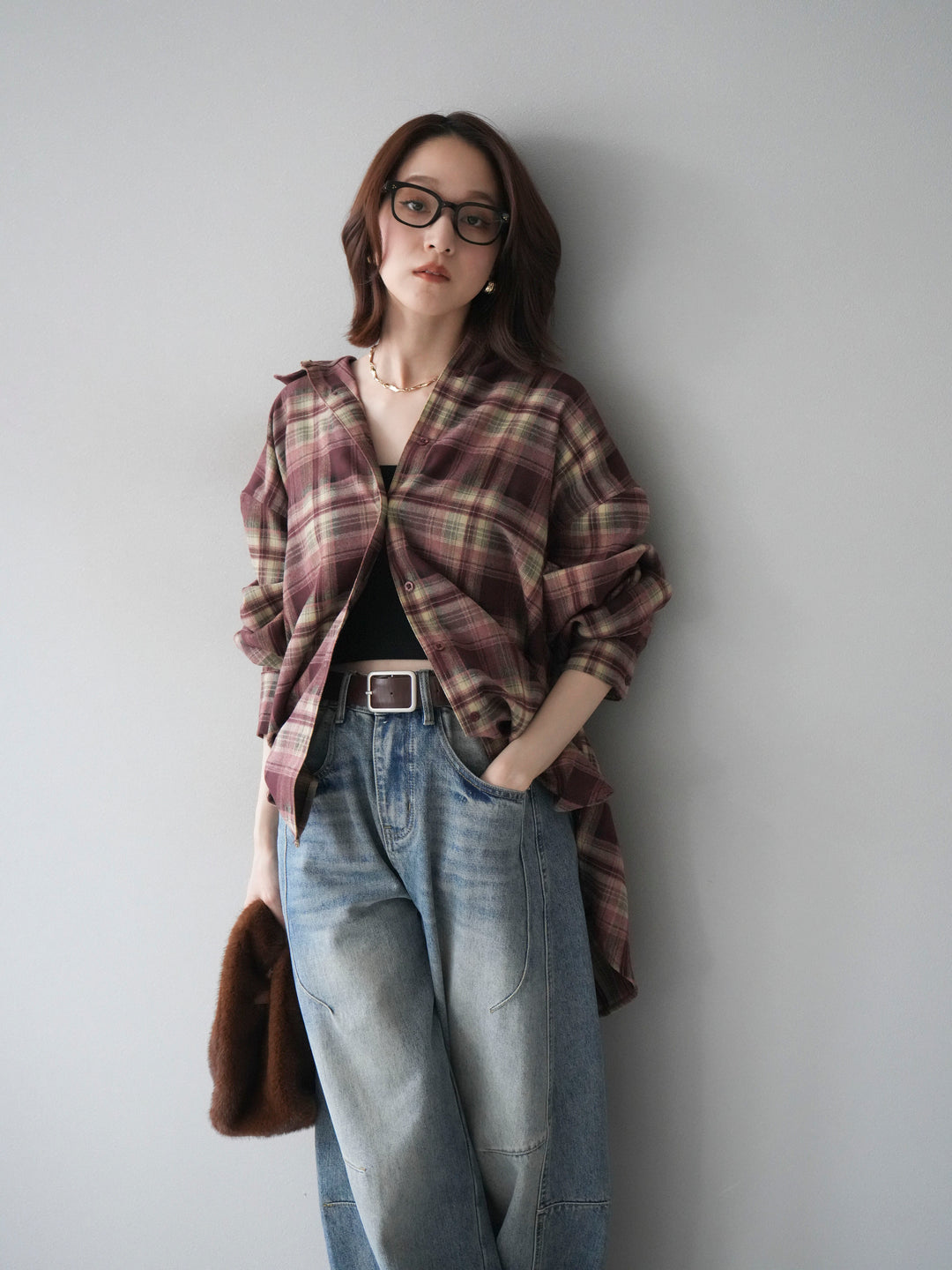 [予約]マルチウェイチェックシャツ/bordeauxbeige