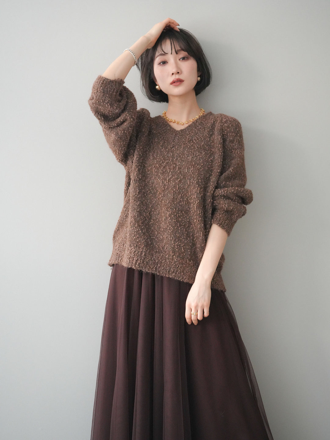 [SET]Vネックスラブニットプルオーバー+選べるアクセセット(2set)