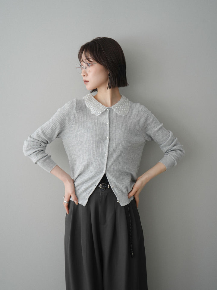 [予約]ビジュー襟パールボタンニットカーディガン/gray