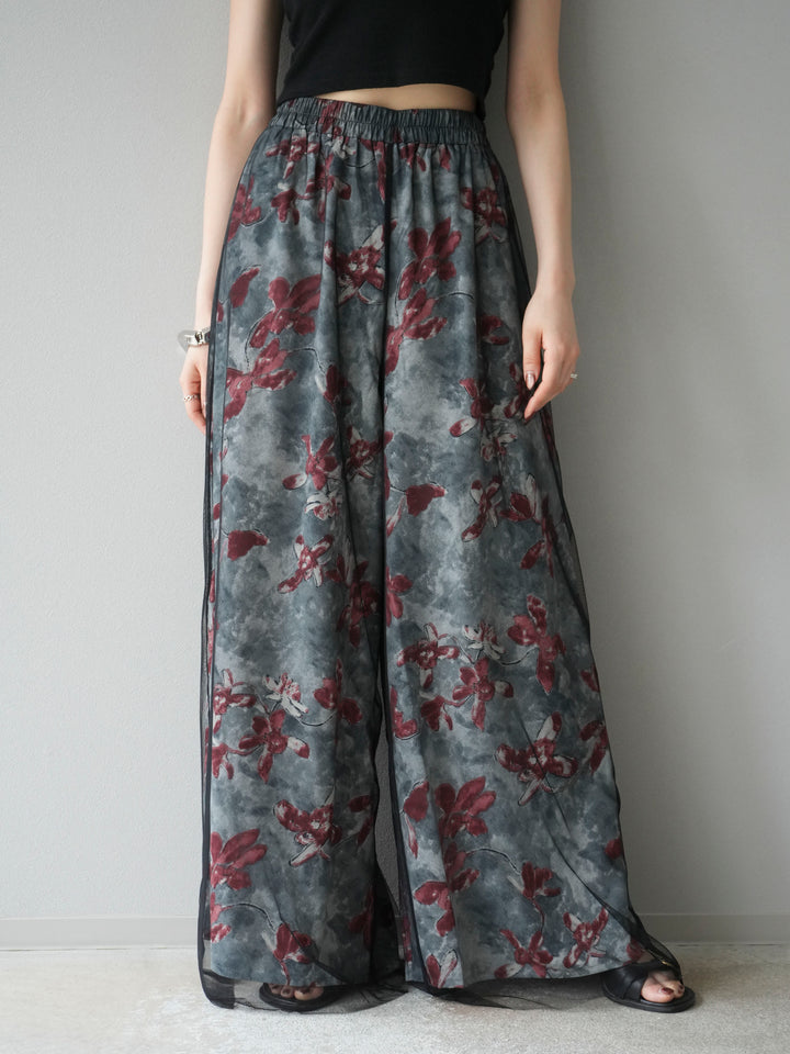 [予約]フラワープリントチュールレイヤードパンツ/グレー