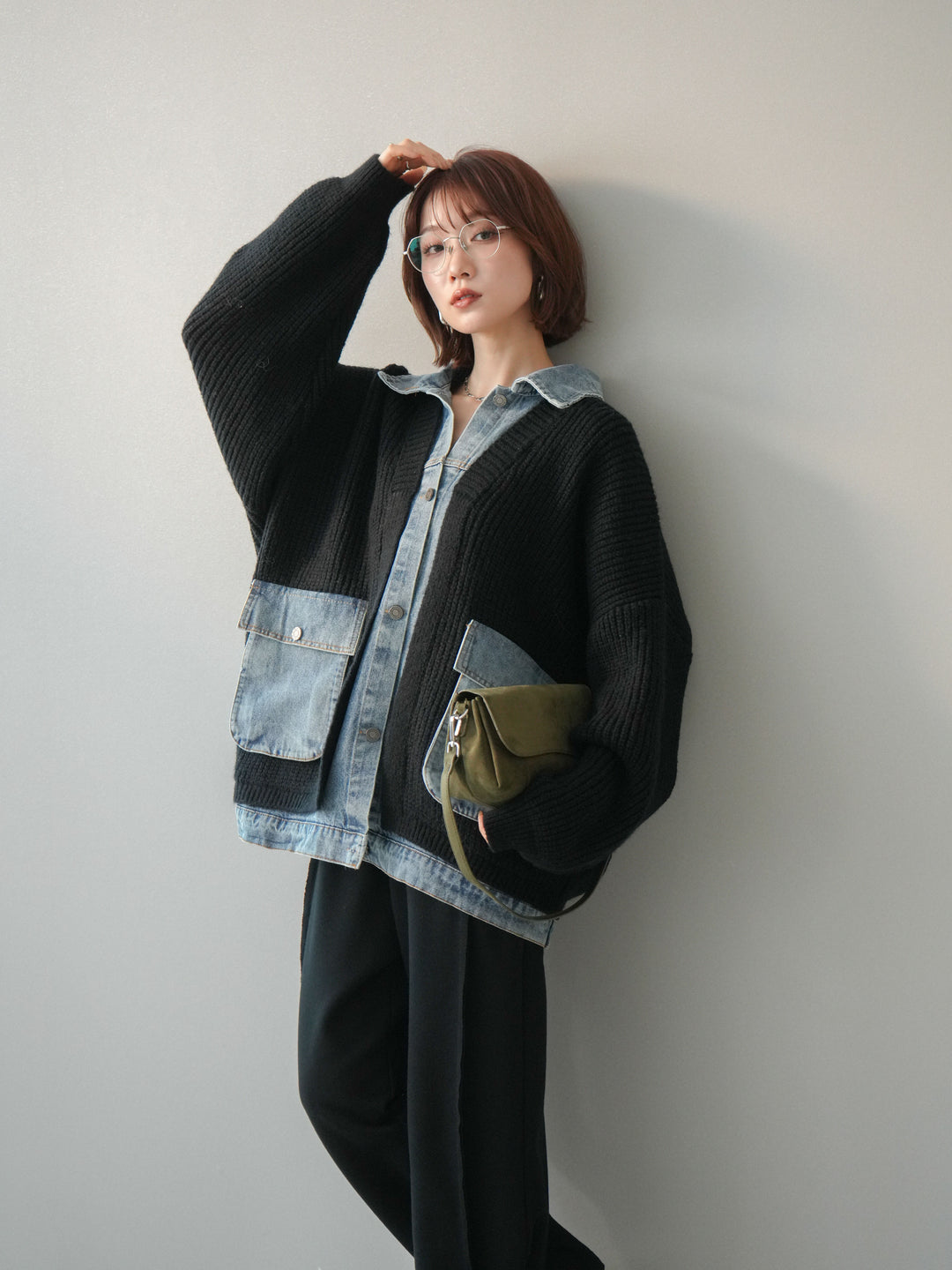 [予約]デニムドッキングオーバーニットジャケット/black