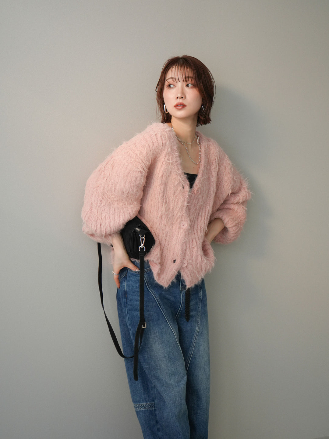 [SET]シャギーオーバーニットカーディガン+選べるアクセセット(2set)