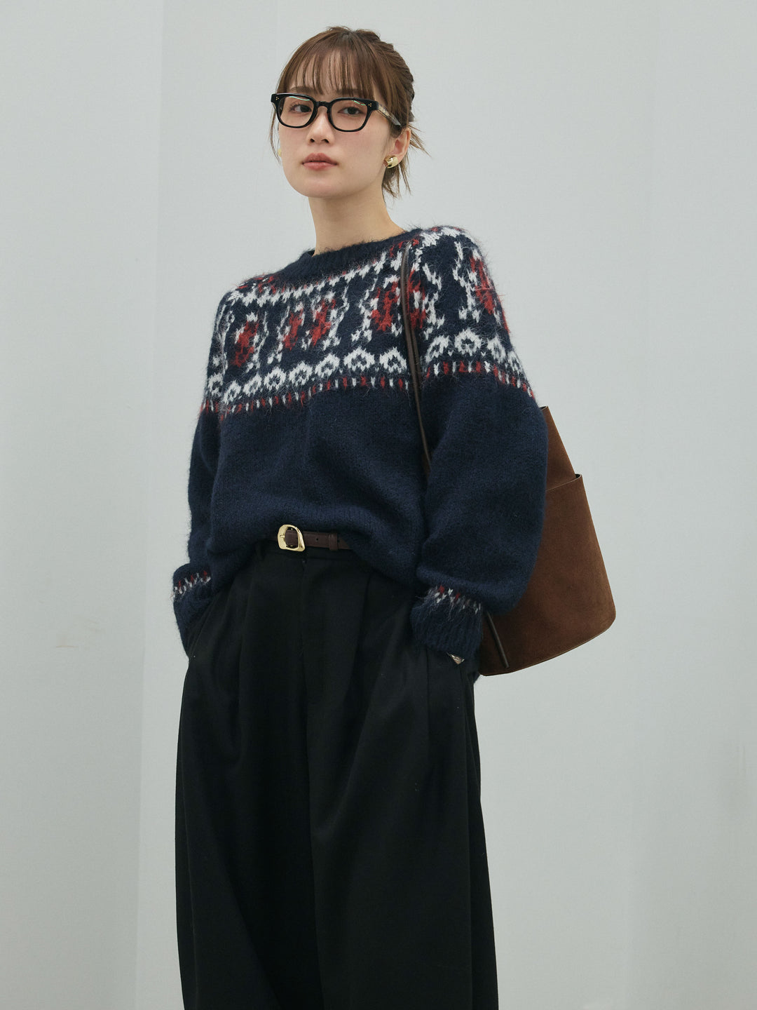 [予約]ノルディック柄モックネックオーバニットプルオーバー/navy