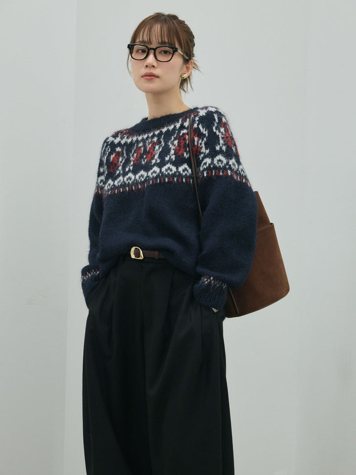 [予約]ノルディック柄モックネックオーバニットプルオーバー/navy