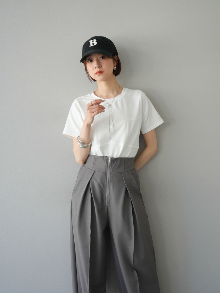 [SET]ビスチェデザインTシャツ+ジップタックワイドパンツ(2set)