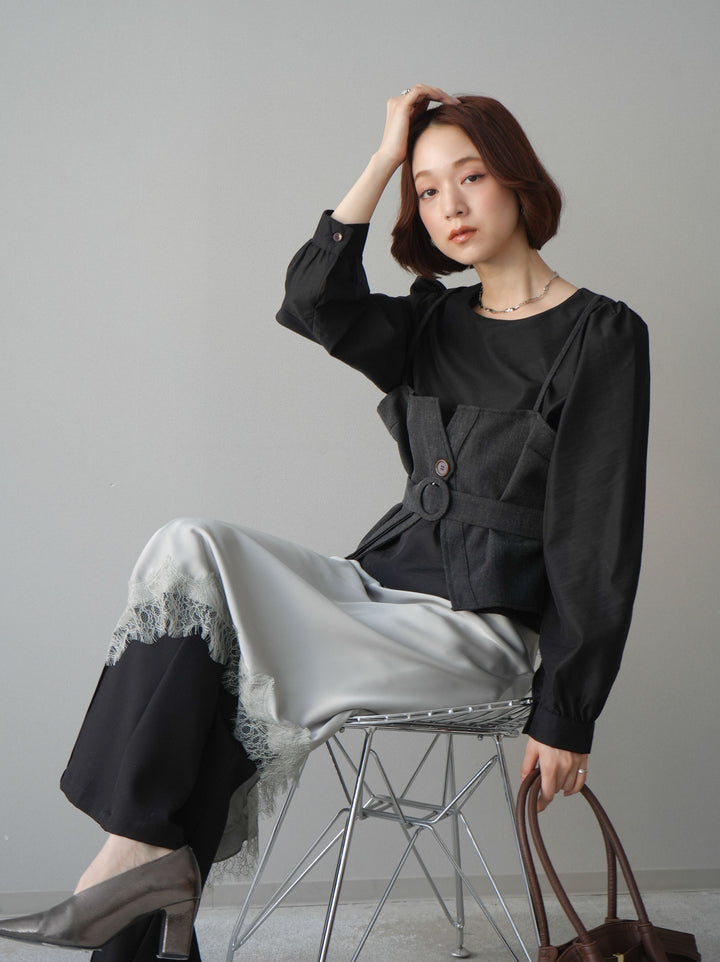 [SET]異素材ビスチェドッキングブラウス+センターシームフレアパンツ(2set)