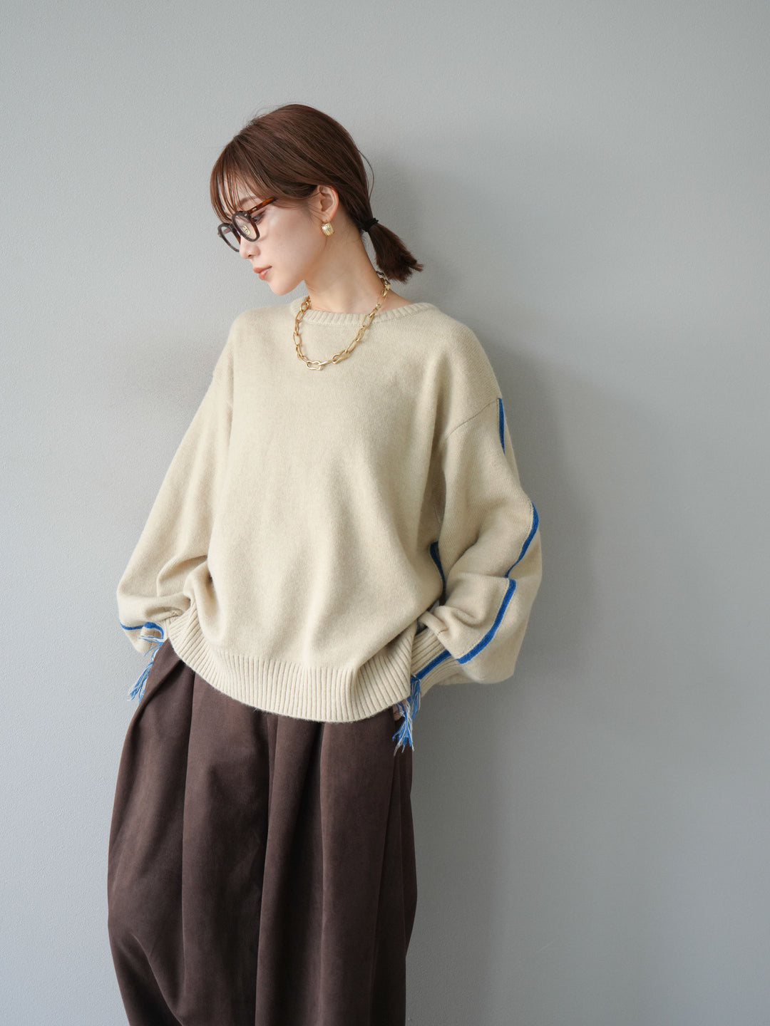 [SET]配色ステッチフリンジニットプルオーバー +スウェードタックワイドパンツ(2set)