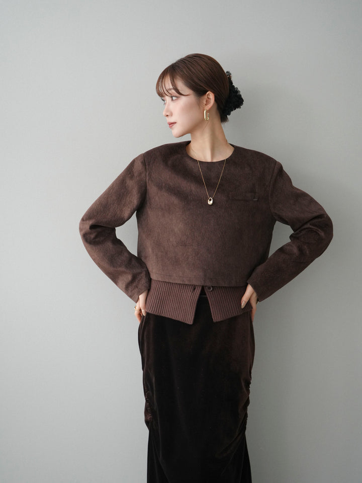 [予約]リブニットレイヤードスエードプルオーバー/brown