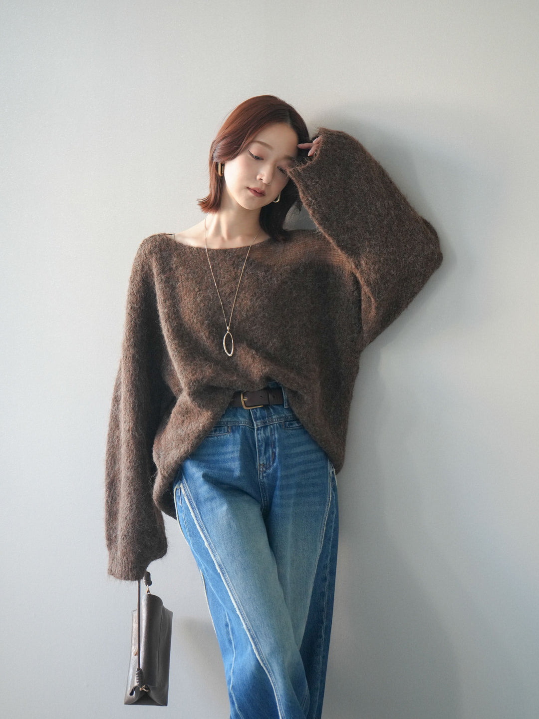 [SET]透かしデザインニットプルオーバー+サイドフリンジワイドデニムパンツ(2set)