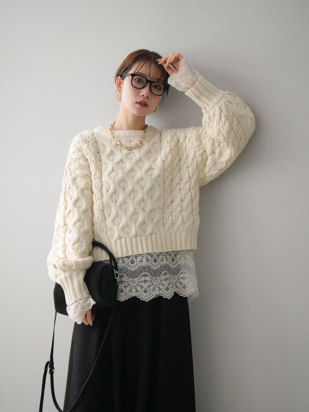 [SET]バルキーケーブルクロップドニットプルオーバー+テープベルトタックバギーパンツ(2set)