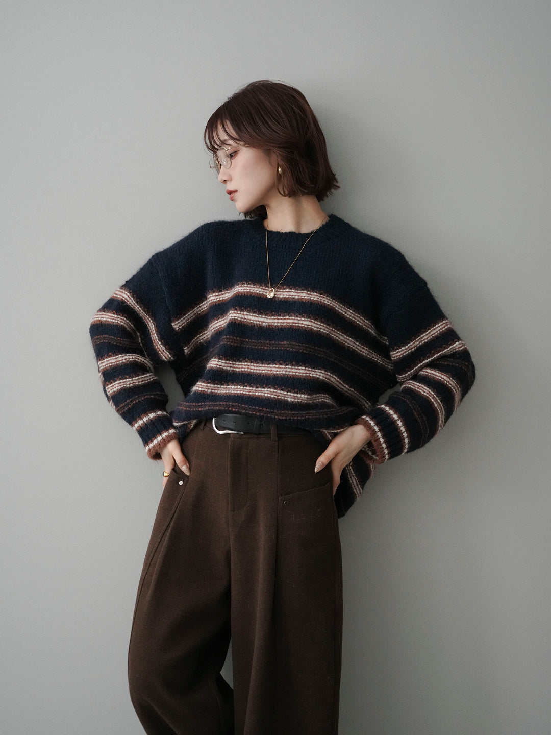 [予約]ステッチボーダーニットプルオーバー/navy