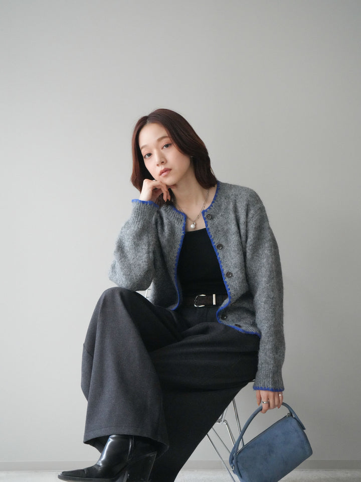 [SET]三角ステッチニットカーディガン+アニマル柄ベルト付きウールタッチワイドパンツ(2set)