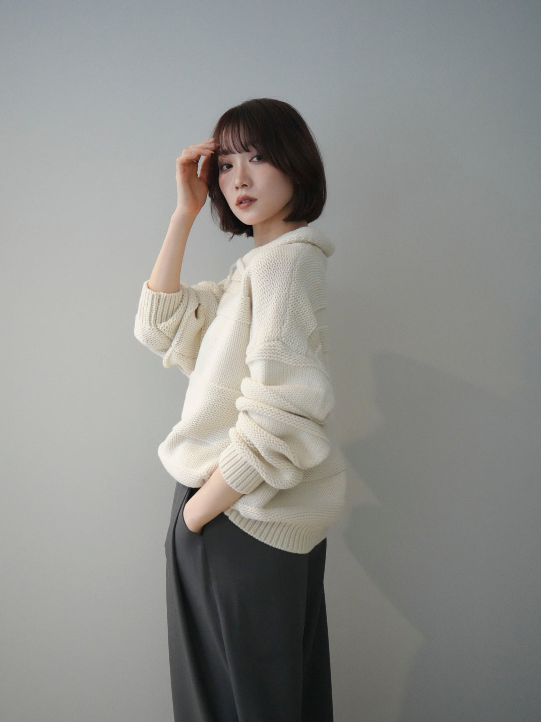 [SET]襟付きボーダー編みニットプルオーバー+選べるアクセセット(2set)