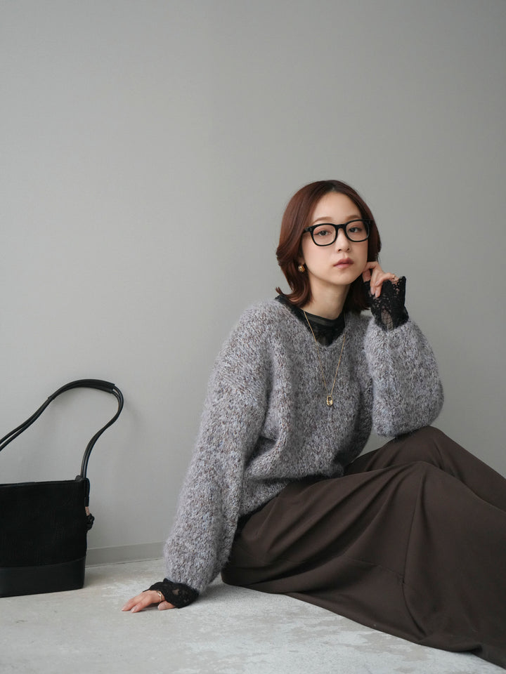 [SET]Vネックミックスヤーンニットプルオーバー+テープベルトタックバギーパンツ(2set)