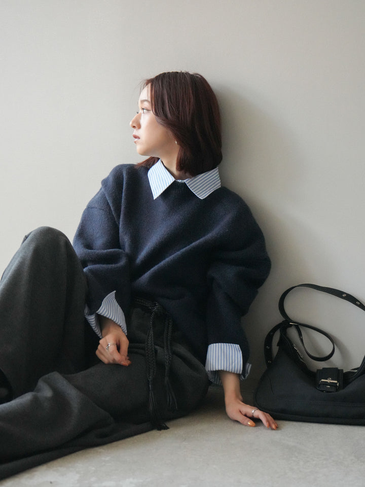 [SET]2WAYストライプ襟ニットプルオーバー+編み込みベルト付きウエスト配色スエットパンツ(2set)