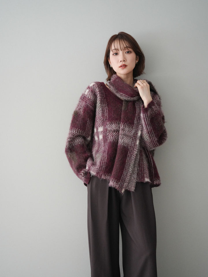 [SET]ストール付シャギーチェックニットプルオーバー+ストール付シャギーチェックニットプルオーバー(2set)