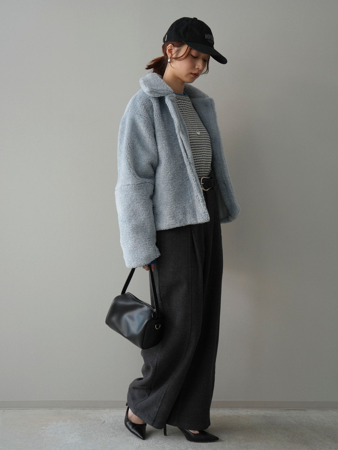 [SET]エコファーステンカラージャケット+ラメ異素材ボーダーリブニットプルオーバー(2set)