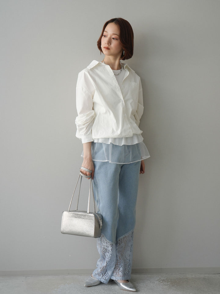 [予約]レース切替フレアデニムパンツ/bleach