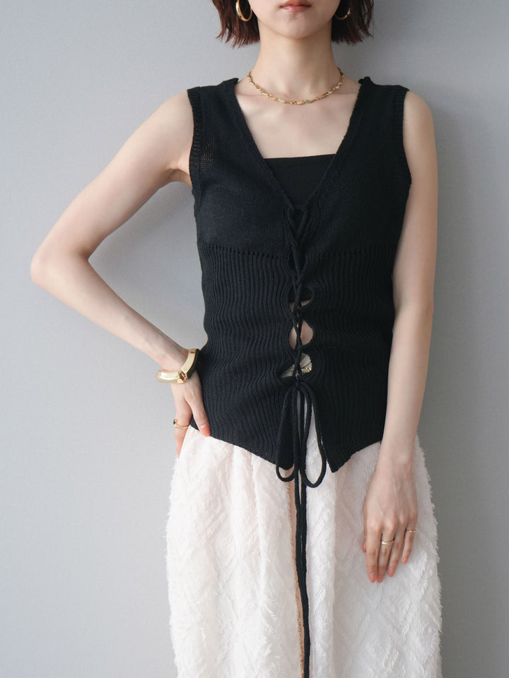 [予約]レースアップリブニットタンクトップ/black
