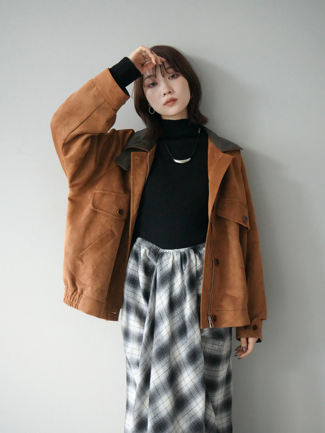 [予約]デザインポケットレザー襟スウェードジャケット/キャメル