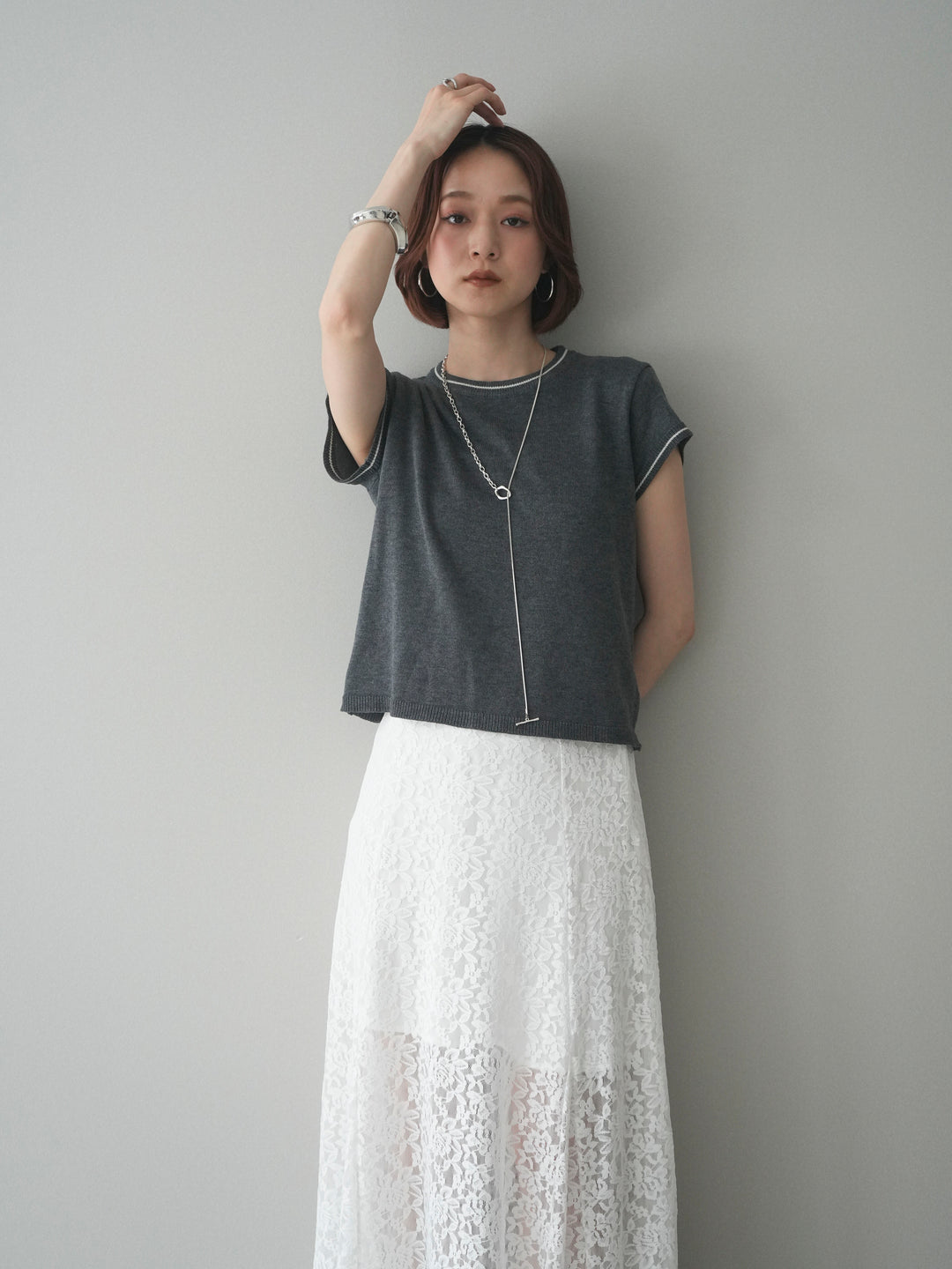 [SET]配色ハーフスリーブニットトップス+選べるアクセセット(2set)