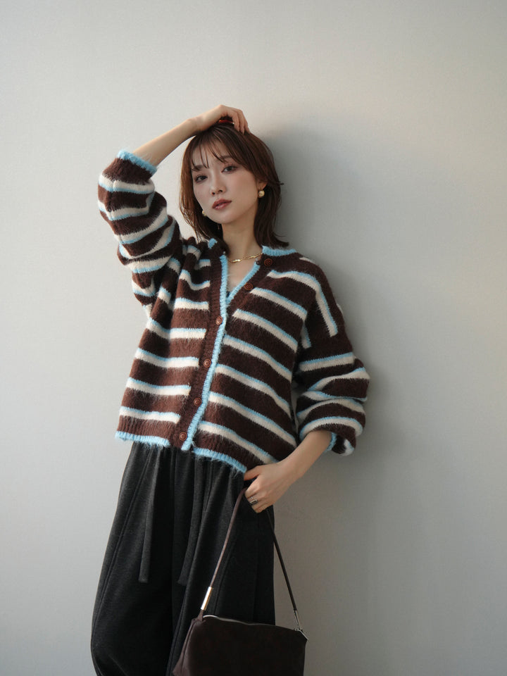 [予約]ウールタッチ配色ボーダーニットカーディガン/brown