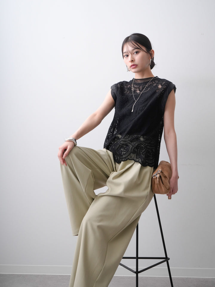 [SET]スカラップヘムレーストップス+アシンメトリーベルトタックワイドパンツ(2set)