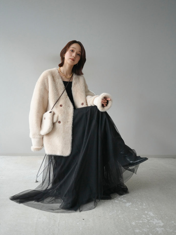 [SET]バッグ付エコファーノーカラーコート+チュールボリュームスカート(2set)