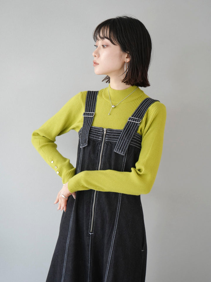 [Pre-order] Color-matched stitched front zip denim jumper skirt/black