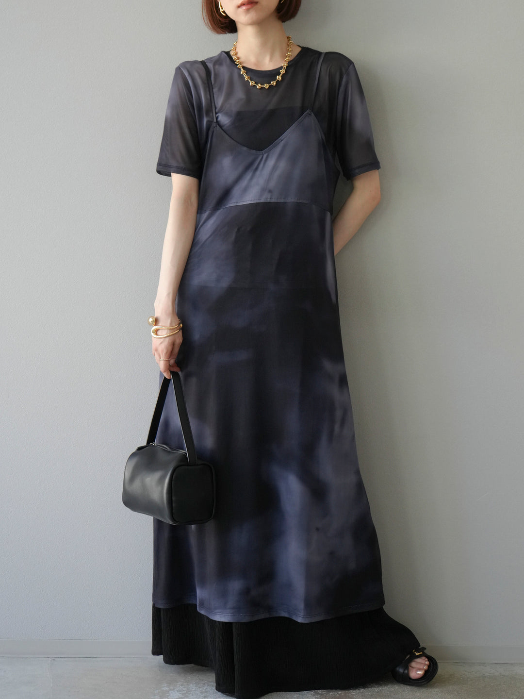 [予約タイダイ柄シアーキャミワンピース/モノトーン