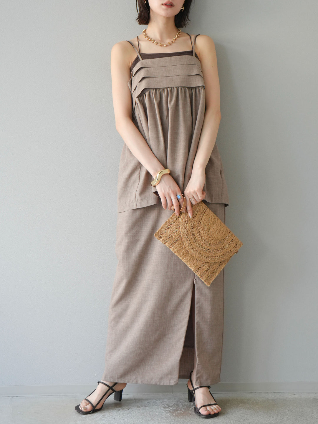 [予約]リネンライクZIPスリットタイトスカート/グレージュ