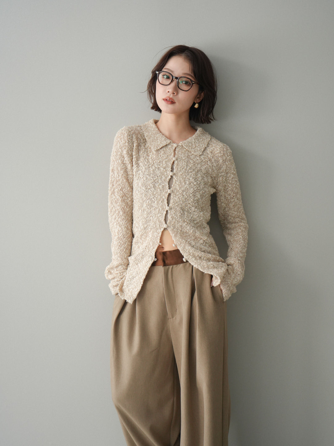 [予約]透かし編みブークレポロニットトップス/beige