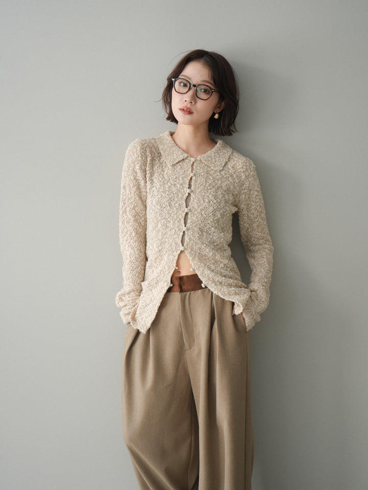 [予約]透かし編みブークレポロニットトップス/beige