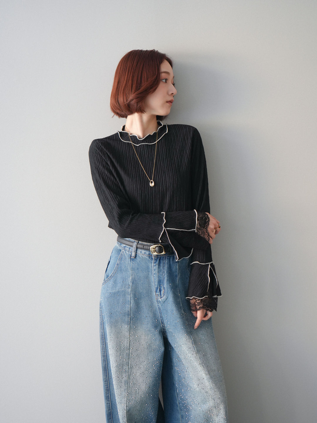 [予約]袖レース楊柳メロートップス/black