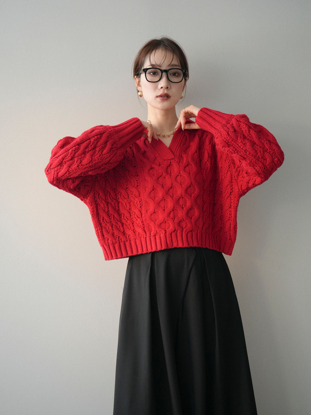 [SET]バルキーケーブルクロップド開襟プルオーバー+テープベルトタックバギーパンツ(2set)