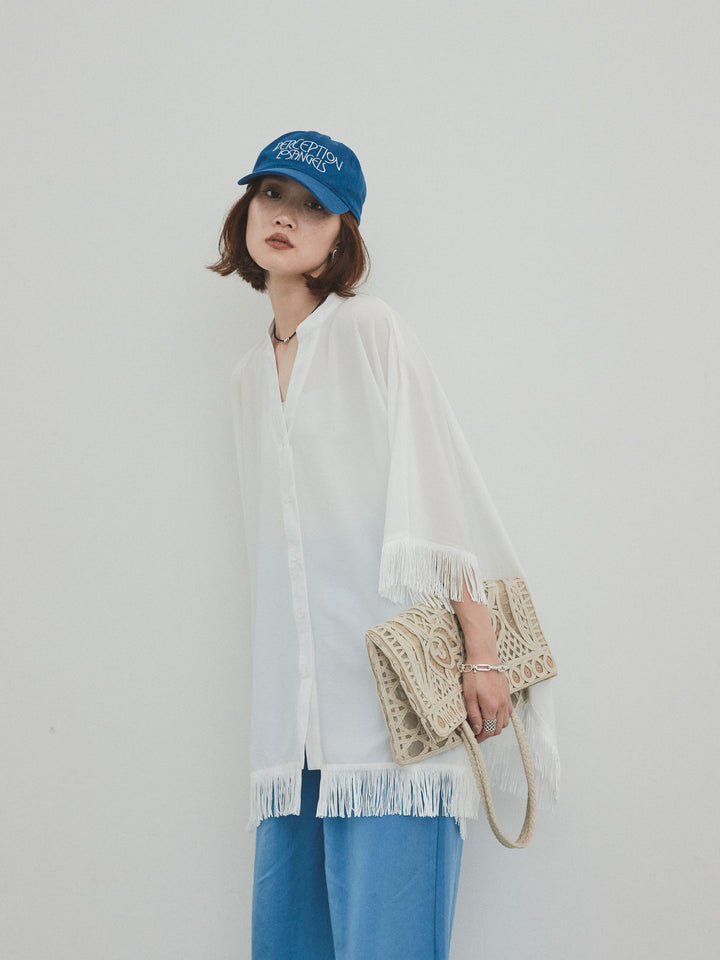 [SET] 方形流蘇斗篷襯衫 + 亞麻觸感褶皺寬褲 (2 件套)