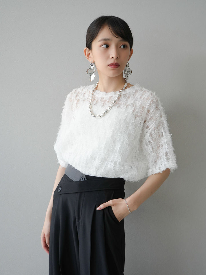 [Pre-order] Fringe Tulle 5/4 Sleeve Over Top/Off-White