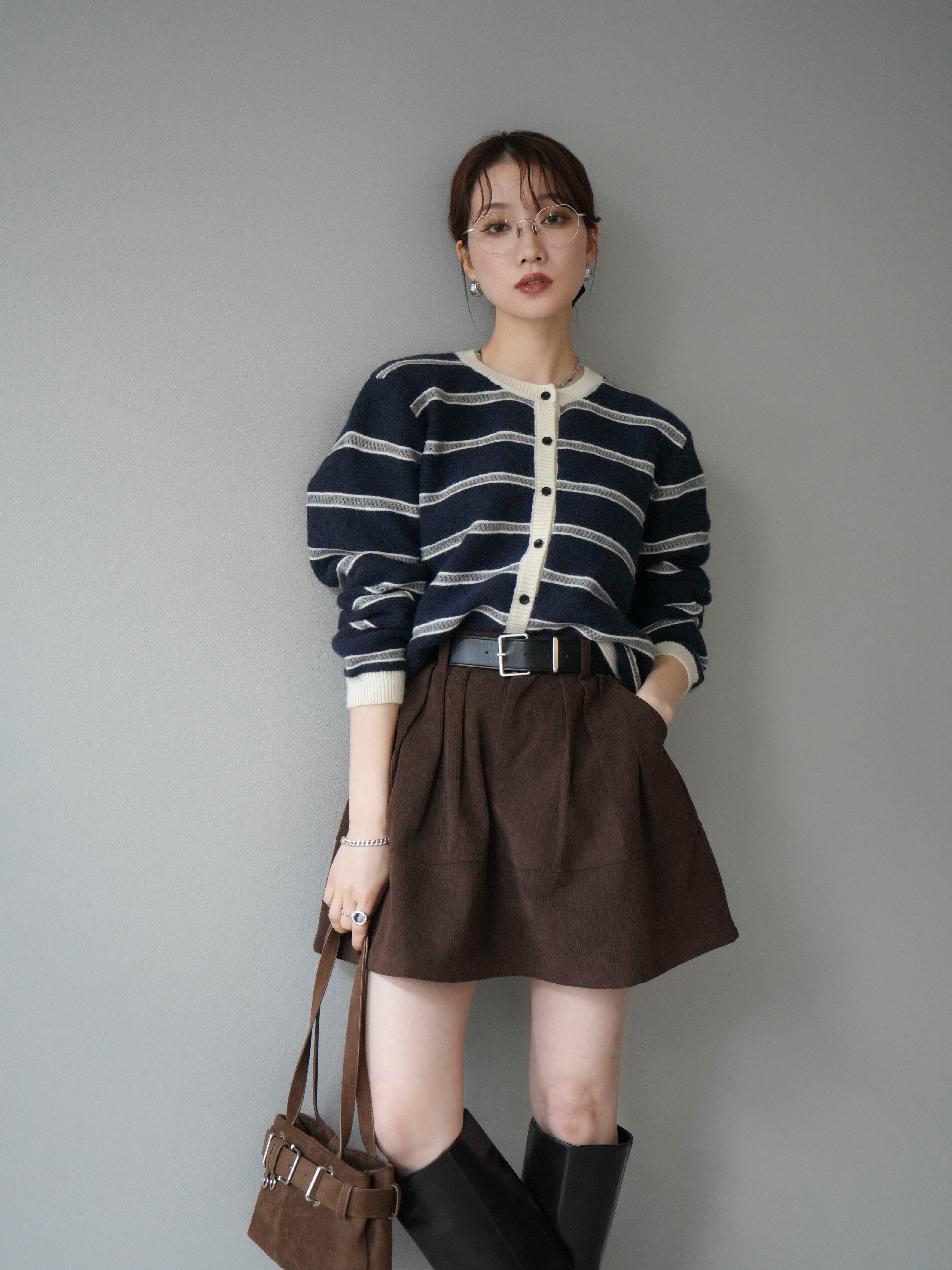 予約]配色ボーダーニットカーディガン/navy – Lumier