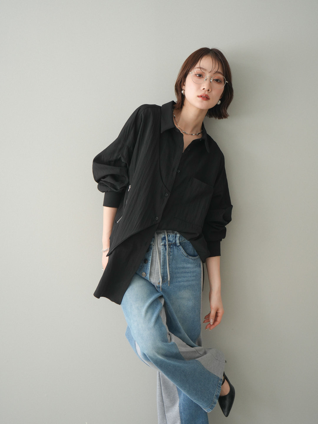 [予約]リブカフスアシンメトリーZIPデザインオーバーシャツ/black