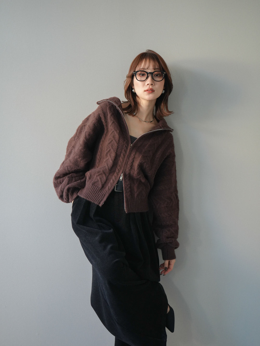 [SET]ケーブル編みハイネックZIPニットカーディガン+ベルトデザインループコールテンワイドパンツ(ベルト付き)(2set)