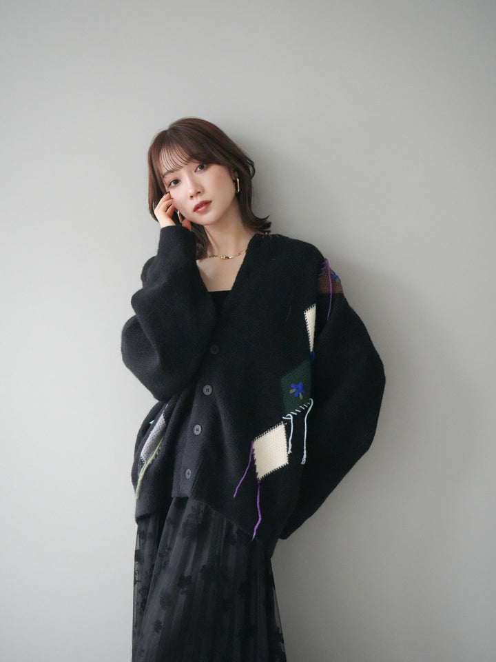 [予約]ハンドステッチアーガイルデザインニットカーディガン/black