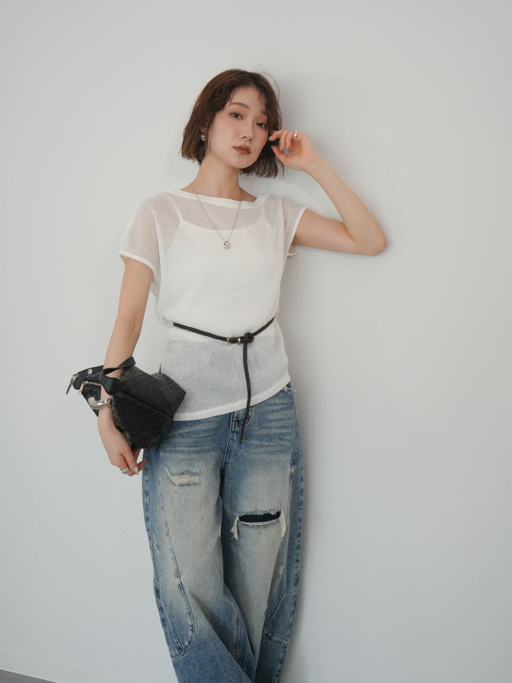 [予約]ベルト付アシメシアーニットトップス/white