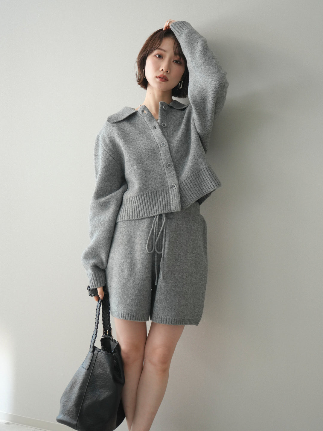 [予約]メランジニット襟付きクロップドカーディガン/gray