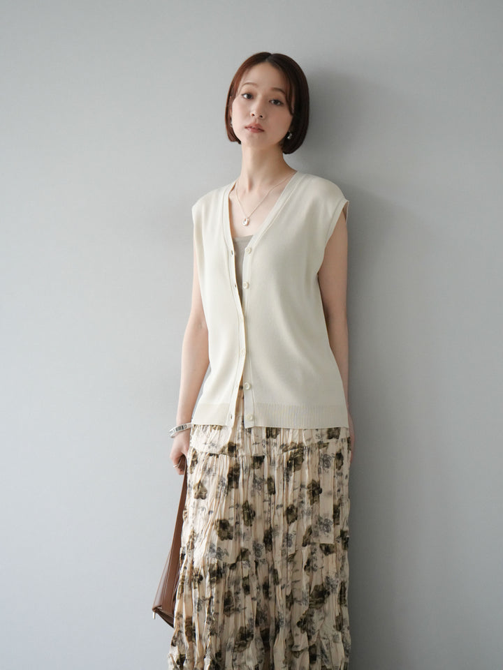 [SET] V領人造絲針織背心+花邊長裙（2件組）