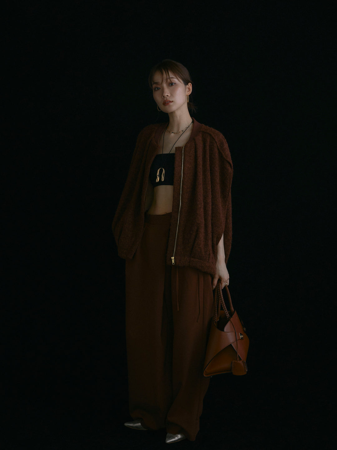 【Allure】[SET]ウール混コクーンブルゾン+ラップデザインタックワイドパンツ(2set)