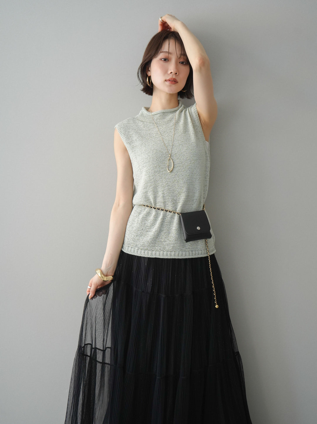 [予約]ノースリーブリネンタッチシアーニットプルオーバー/green