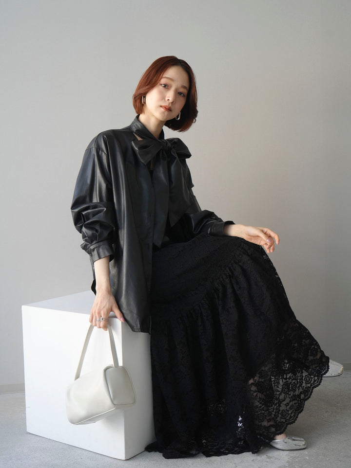 [SET]ギャザー切替レースキャミワンピース+フェイクレザーボウタイブラウス(2set)