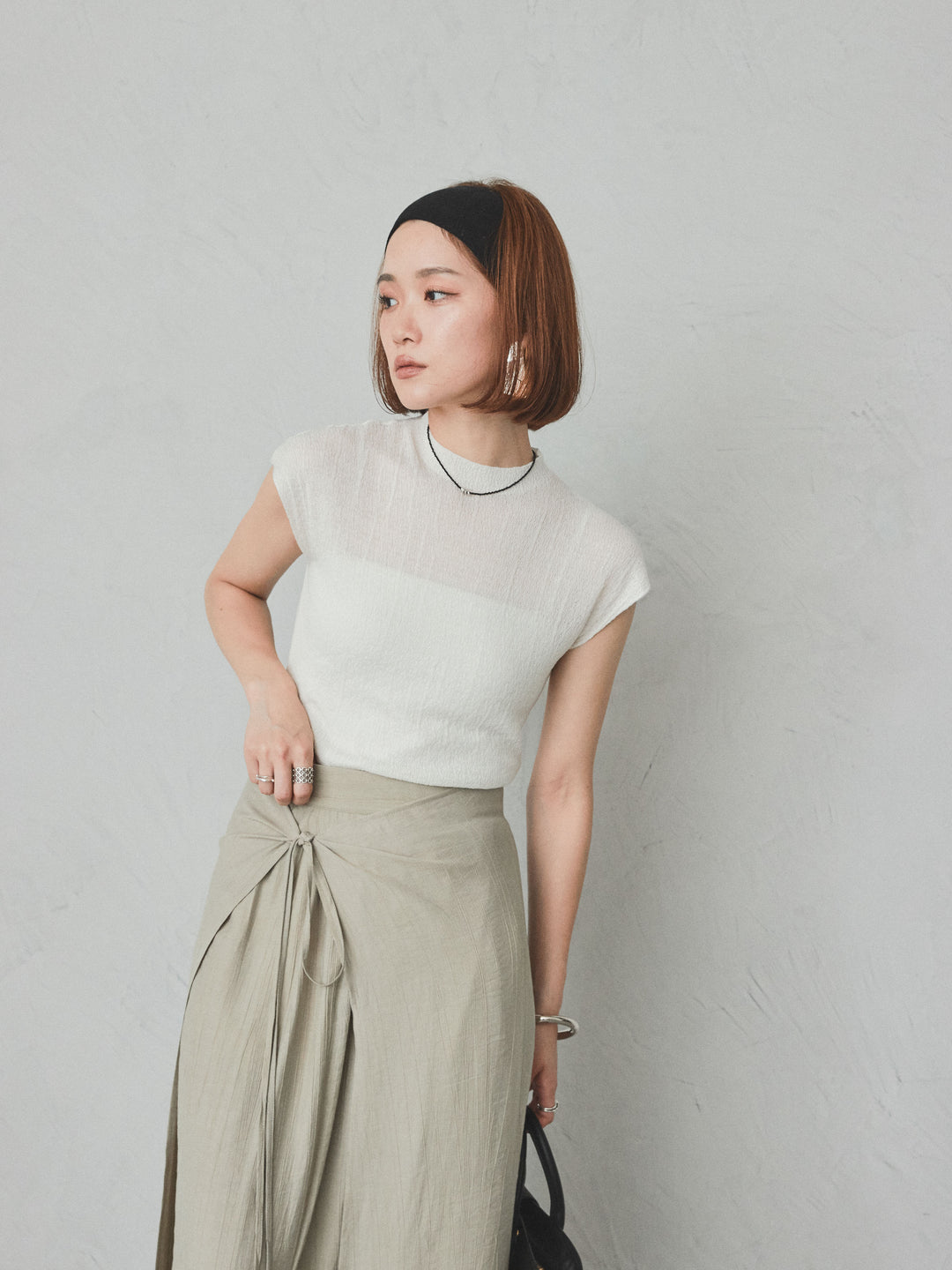 [予約]フレンチスリーブシアーニットトップス/ホワイト